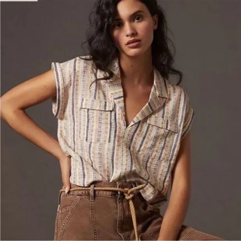 Anthropologie Cropped Striped Utility Pullover Top Shirt Blouse Aztec Size XL